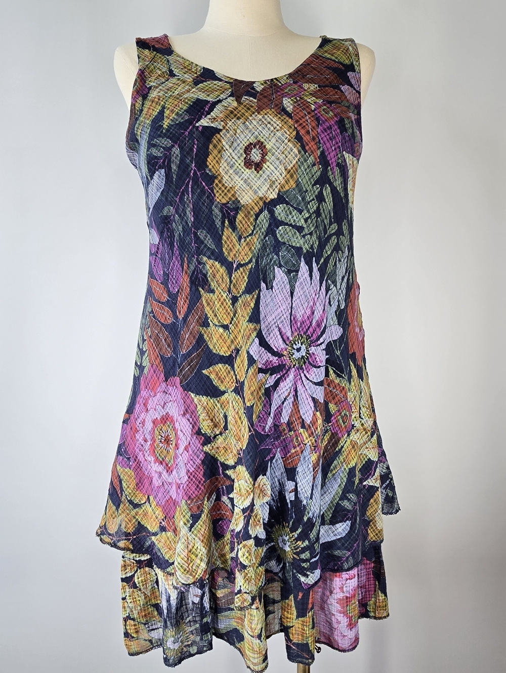 Tempo Paris Floral Sleeveless Tiered Knee Length Dress Size L Made in Italy NWT